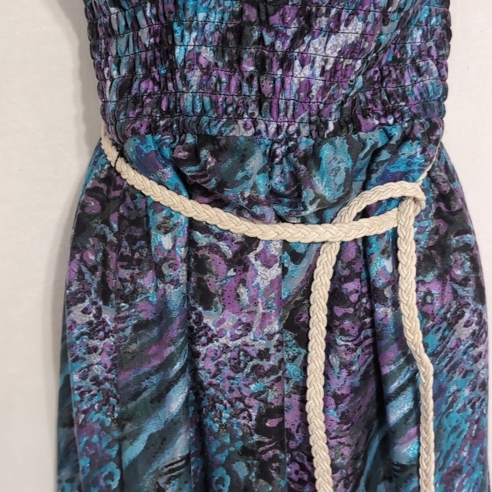 y2k No Boundaries Blue Purple Smocked Strapless Dress with Cord Waist Tie Size M - Picture 2 of 6